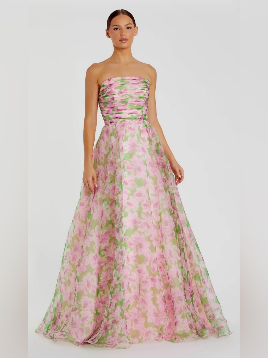 Ieena For Mac Duggal Pink Strapless Floral Chiffon Gown With Ruched Evening